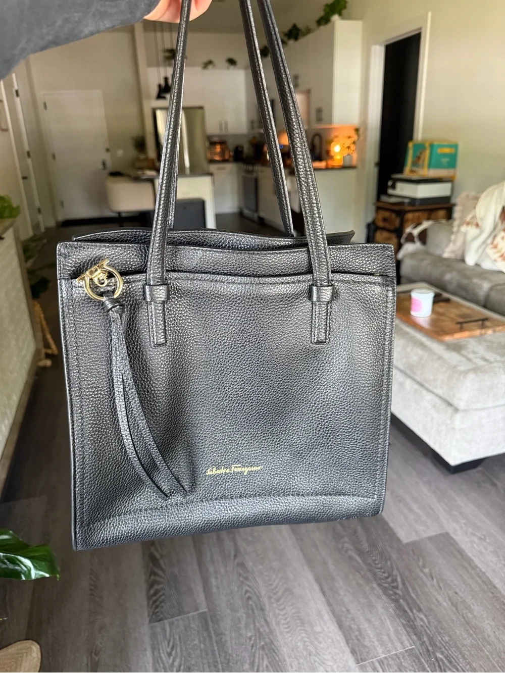 Salvatore Ferragamo Black Leather Tote with Gold Hardware